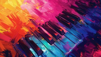 Piano keyboard with colorful paint splashes. Abstract music background.