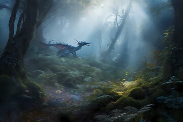 **A mist-shrouded forest alive with the sounds of wildlife, where a graceful dragon prowls through the undergrowth with silent majesty - obrazy, fototapety, plakaty