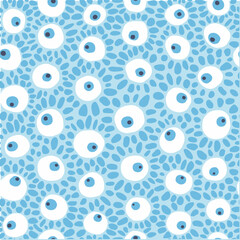 Seamless pattern with cheerful flowers eyes. Children's pattern on a blue background. Flat vector illustration