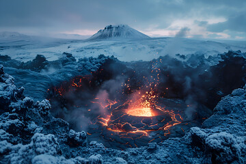 A volcano with a large hole in the ground and smoke coming out of it. The sky is cloudy and the snow is covering the ground. Generative AI - obrazy, fototapety, plakaty