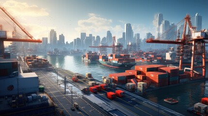 modern port scene with industrial cranes and cityscape