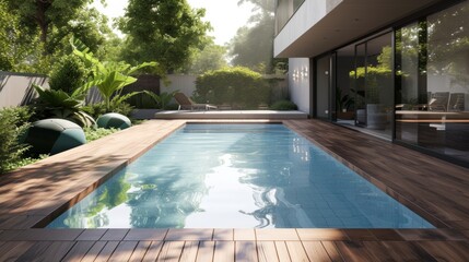 Swimming pool in garden, Wooden floor swimming pool in backyard