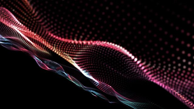 Abstract seamless loop of mesh blurred glowing colorful dots digital luxurious sparkling Slow motion wave particles flow background, Motion of digital data flow. big data background concept. 