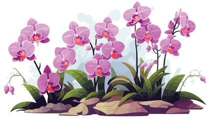Orchids in garden .. 2d flat cartoon vactor illustration