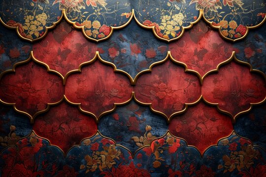 abstract backrgound, beautiful asian golden pattern on a dark red background 
