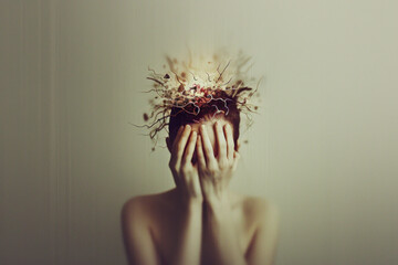 a woman with her hands on her head, symbol of confusion and emotional and psychological problems.
