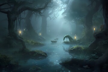**A misty swamp illuminated by the soft glow of fireflies, where a graceful dragon navigates the murky waters with ease - obrazy, fototapety, plakaty