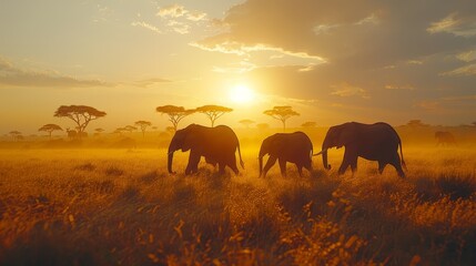   A herd of elephants traverses a dry grassland, beneath a cloud-studded sky as the sun sets - obrazy, fototapety, plakaty