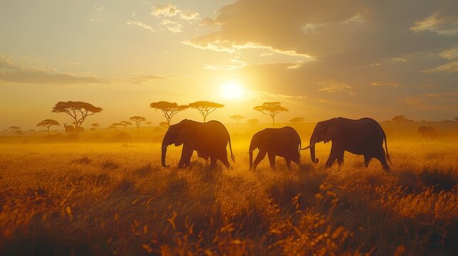   A herd of elephants traverses a dry grassland, beneath a cloud-studded sky as the sun sets