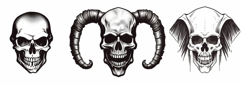 Black-eyed graphic images of human skull with horns on white background. For tattoo decoration