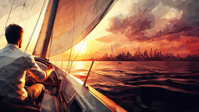 Low poly painting of single man enjoying his hobby in sailing boat in sunset with silhuette of city in the background