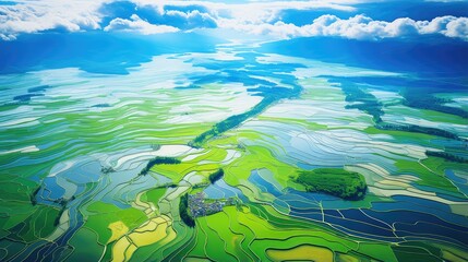 Fototapeta na wymiar vibrant aerial view of terraced rice fields