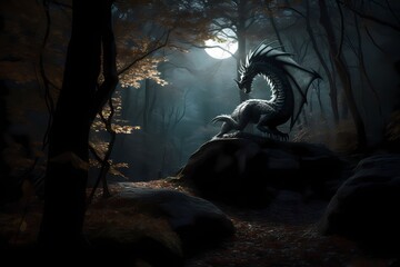 **A moonlit forest glen bathed in silver light, where a graceful dragon emerges from the shadows with ethereal grace - obrazy, fototapety, plakaty