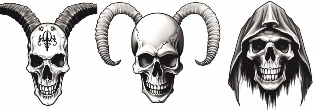 Black-eyed graphic images of human skull with horns on white background. For tattoo decoration