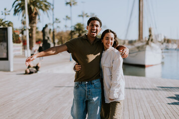 Serene stroll along Barcelona marina at with vintage sailing vessel