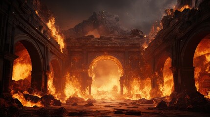 ancient temple engulfed in flames - obrazy, fototapety, plakaty