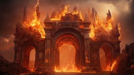 blazing inferno at historic site - obrazy, fototapety, plakaty