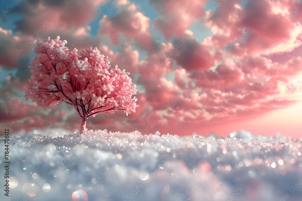 Poster a tree with pink leaves stands in a field of snow. the sky is cloudy and pink, creating a serene and