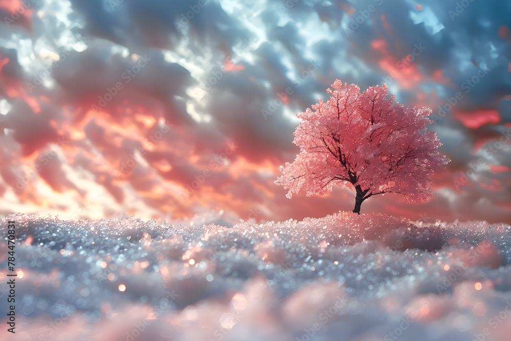 Poster a tree with pink leaves stands in a field of snow. the sky is cloudy and pink, creating a serene and