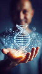 closeup of smiling male scientist holding glowing gene manipulated human DNA helix with copy space.