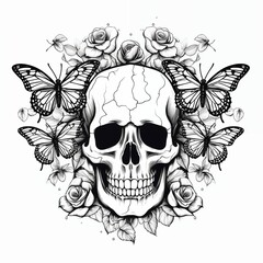Fototapeta premium Black-eyed graphic image of human skull with butterflies on white background. For tattoo decoration. AI generated