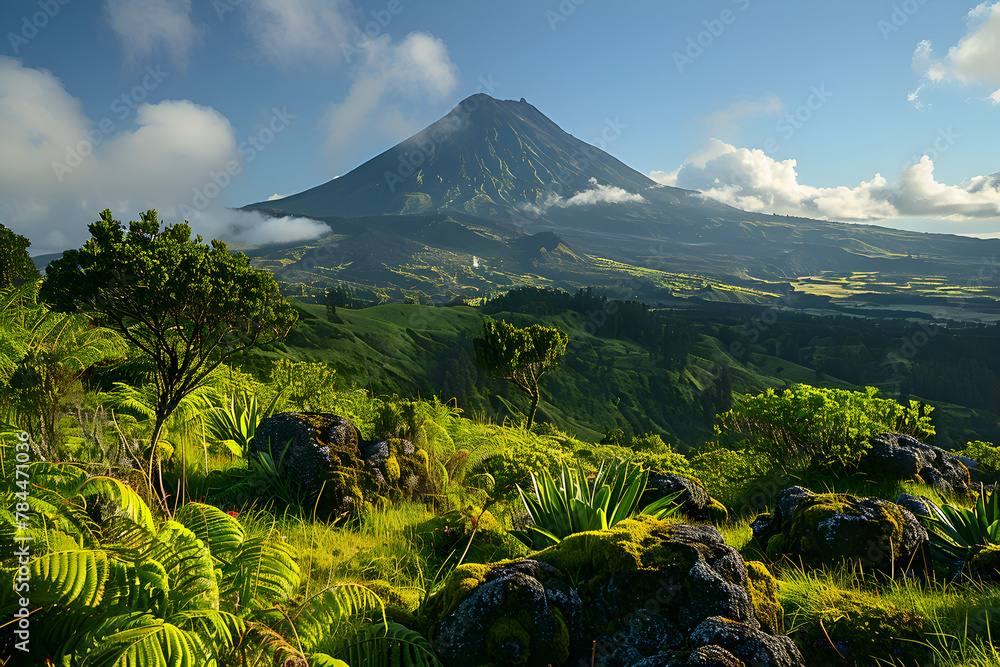 Poster a mountain range with a lush green forest in the foreground. the sky is clear and blue with a few cl