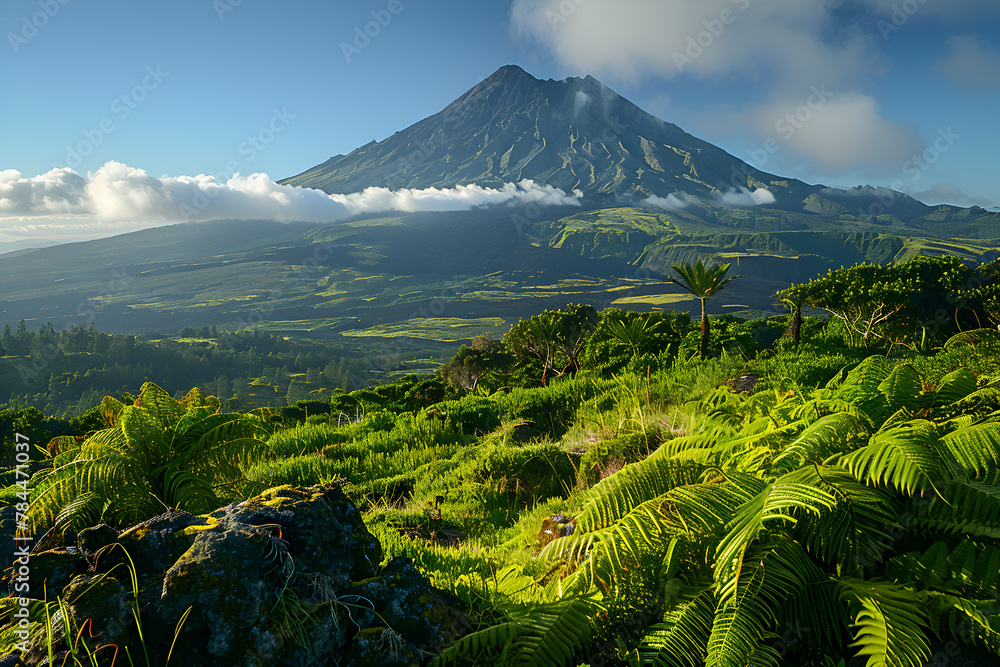 Poster a mountain range with a lush green forest in the foreground. the sky is clear and blue with a few cl
