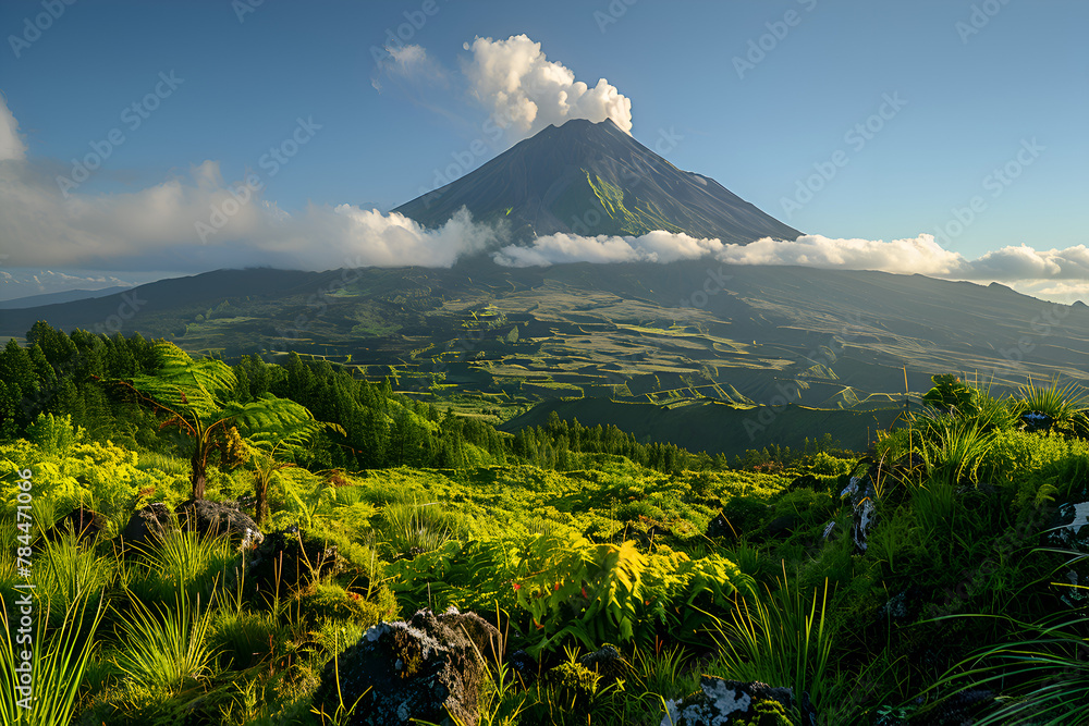 Poster a mountain range with a lush green forest in the foreground. the sky is clear and blue with a few cl