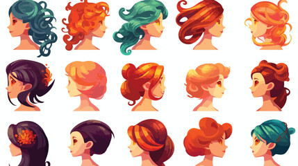 Painted hair set on a white background 2d flat cartoon