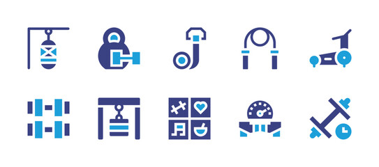 Exercise icon set. Duotone color. Vector illustration. Containing treadmill, exercise, lifestyle, boxingbag, strap, scooter, dumbbell, gymstation, skippingrope.