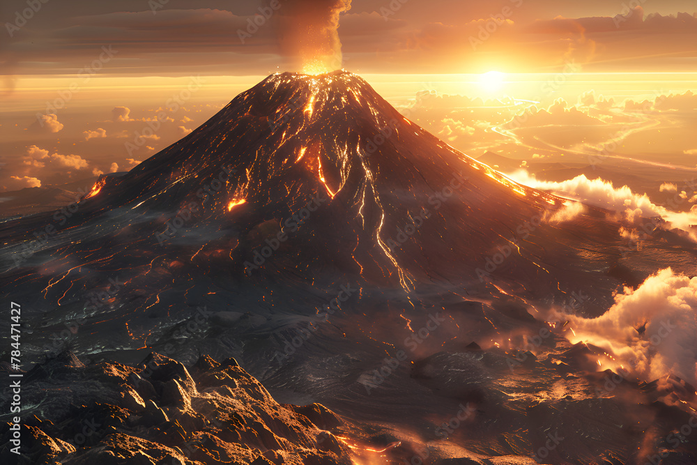 Poster a mountain with a volcano on top and a sun in the sky. the sun is setting and the mountain is covere