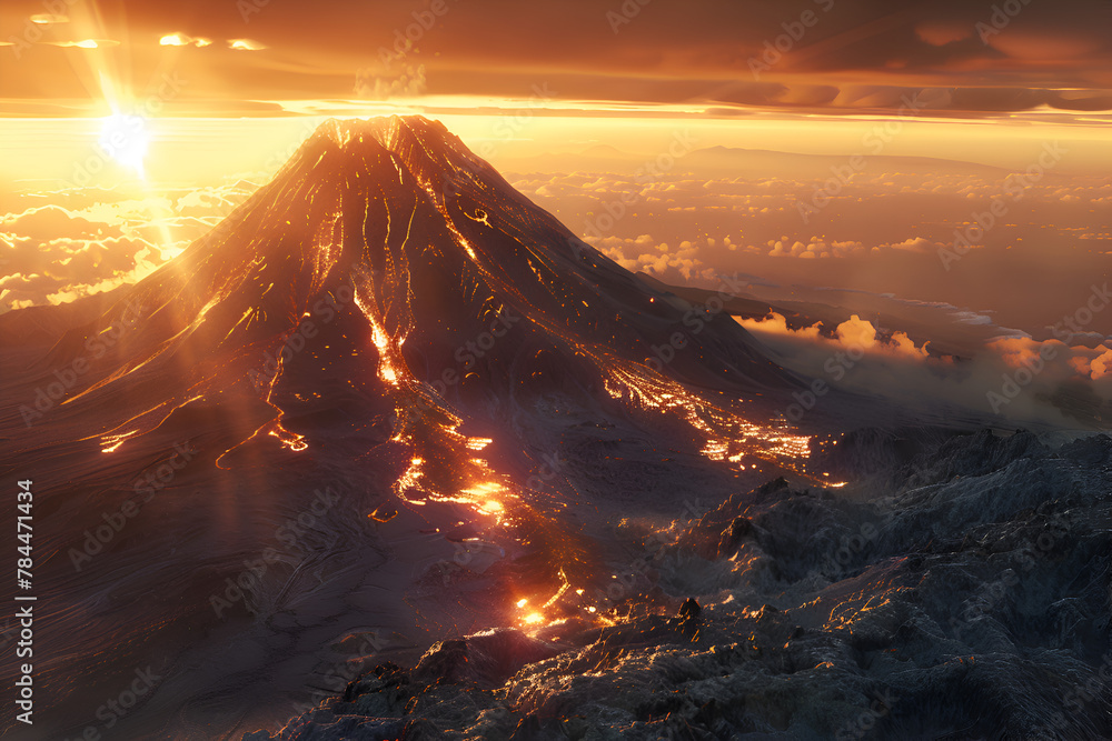 Poster a mountain with a volcano on top and a sun in the sky. the sun is setting and the mountain is covere