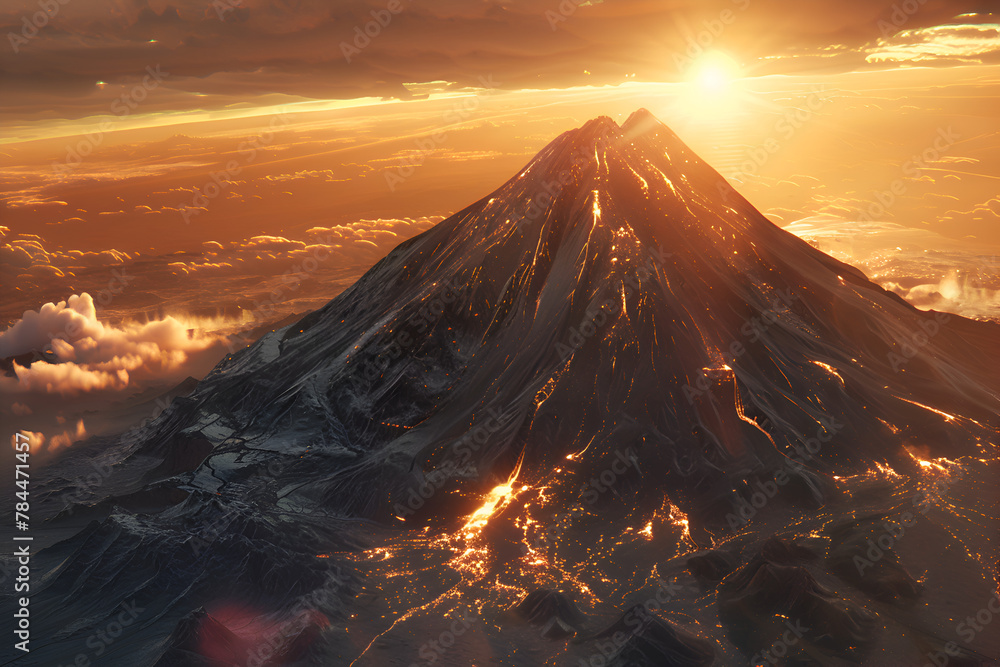 Poster a mountain with a volcano on top and a sun in the sky. the sun is setting and the mountain is covere