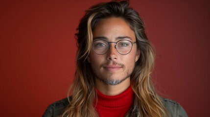 Portrait of a beautiful young man with long wavy hair wearing glasses