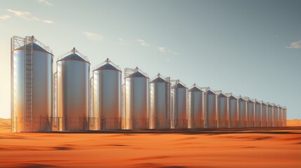 evening light shines on farm silos