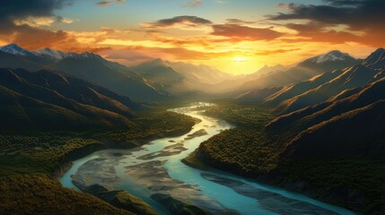 serene mountain river at sunset