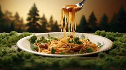 delicious cheesy pasta on forest backdrop