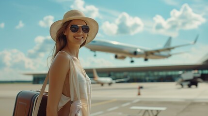 A young female passenger walks through the airport with her suitcase, ready for her plane journey. Her face is lit up with smile, her eyes express great anticipation for new experiences and adventures