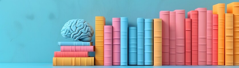 Knowledge enhancement represented by D rendered colorful books in clay style, with brain icon, in pastel bright colors
