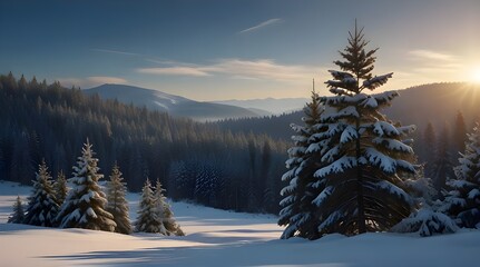 Winter landscape of mountains with path with footprints in snow following in fir forest and glade.generaive.ai