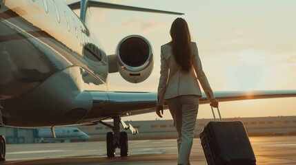A businesswoman heads to private jet with suitcase in hands. Thanks to her determination and...