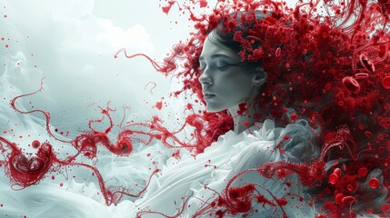 Fantasy portrait of a beautiful woman with red blood like hairs, concept of world hemophilia day