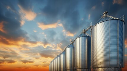 lineup of silos in the sunset fields