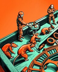 A group of mice in miniature space gear scuttle through a training module, their teamwork seen in cooperative closeup - obrazy, fototapety, plakaty