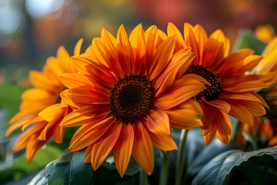 A close-up of a sunflower with its petals open. Green leaves surround the flower and is the main focus of the image. The bright orange color of the flower. Generative AI