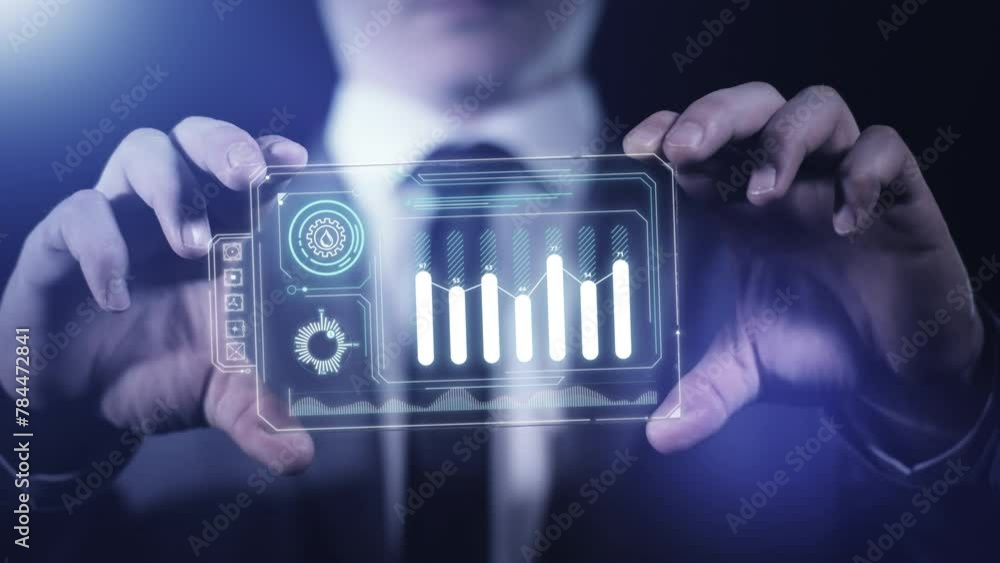 Poster abstract animation with a businessman and an infographic about collecting crude oil production stati
