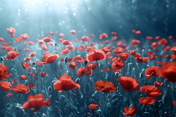 Obraz premium Captivating Red Poppy Blossoms in Ethereal Cinematic Landscape with Hyper-Detailed Photographic Style and Minimalist