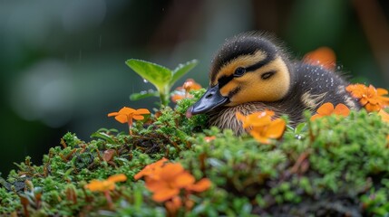 Obraz premium A tight shot of a duck perched on mossy terrain, orange blossoms near, background softly blurred