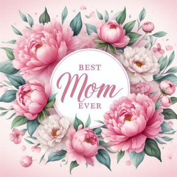 Vibrant Peony Bouquet 'Best Mom Ever' Emblem for Celebration