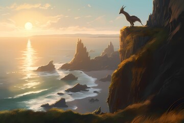 **A serene coastal cliff overlooking the vast ocean, where a majestic dragon basks in the warm sunlight - obrazy, fototapety, plakaty